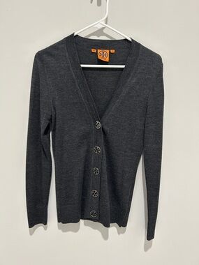 Tory Burch Dark Charcoal V-Neck Button Cardigan